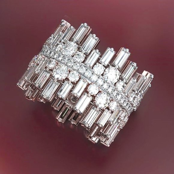 Fashion Noble Rectangle Round Gems Eternity Rings for Women, PD328 - Picture 1 of 4